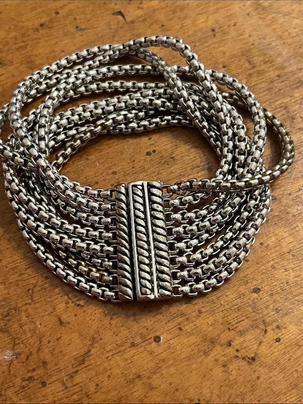Silver Tone Multi Strand Popcorn Chain Statement Bracelet Magnetic Clasp